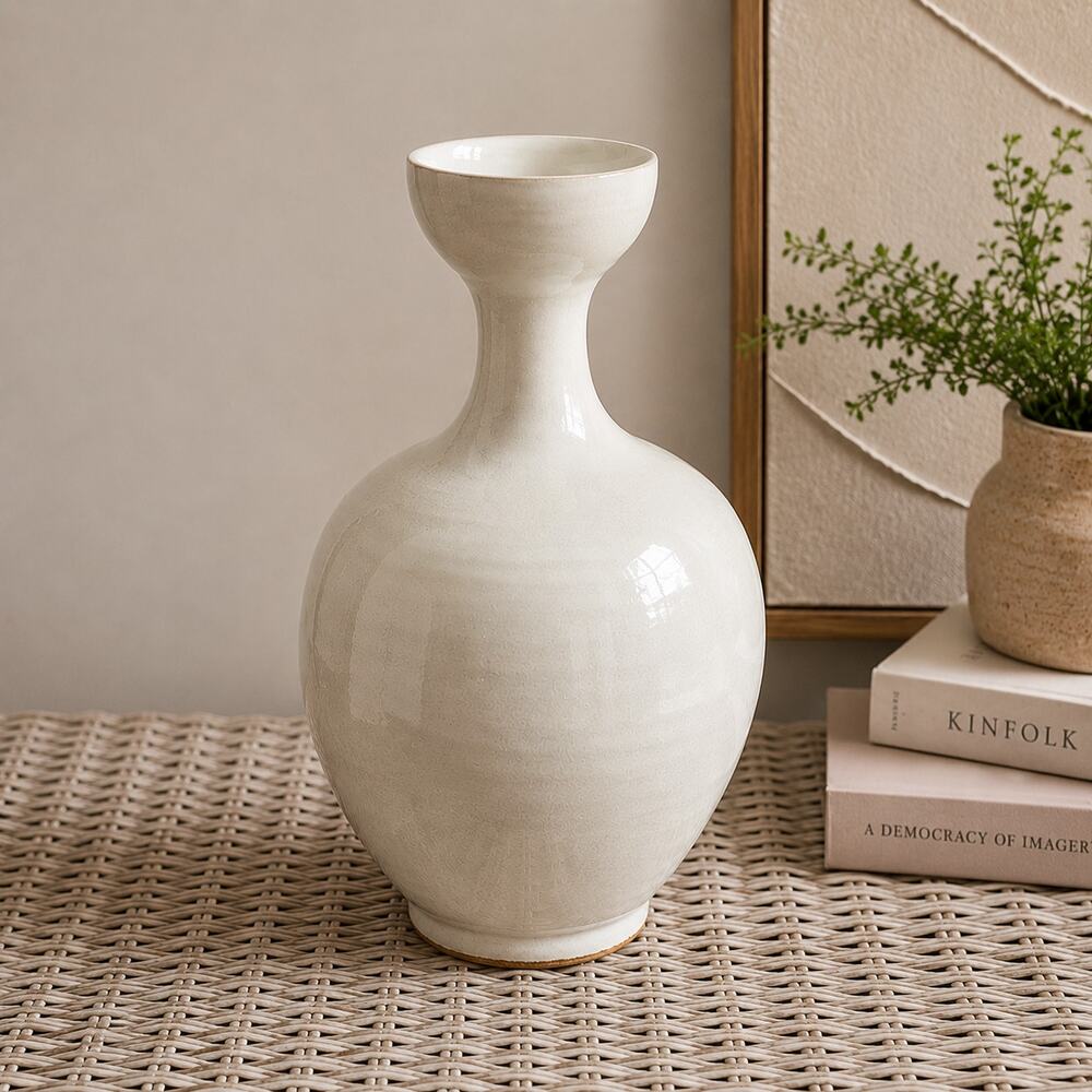 Vintage White Glazed Stoneware Bottle Vase Handmade Asian Style 12" Heavy 4.5 Lb